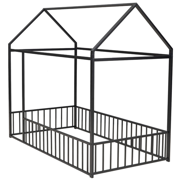 English Elm Twin Metal House Bed Frame with Roof & Fence — Playful Semi-Enclosed Kids Loft for Sleep & Play Black MF304315AAB