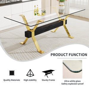 English Elm Dining Table - Stylish Tempered Glass Top With Gold-Plated Metal Legs For Modern Home & Office Use W1151S00260