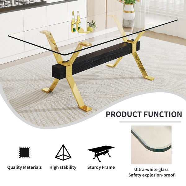 English Elm Dining Table - Stylish Tempered Glass Top With Gold-Plated Metal Legs For Modern Home & Office Use W1151S00260