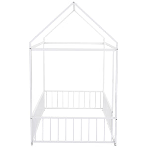English Elm Twin Metal House Bed Frame with Roof & Fence — Playful Semi-Enclosed Kids Loft for Sleep & Play White MF304315AAK