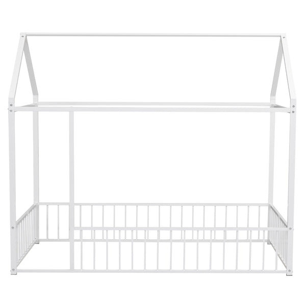 English Elm Twin Metal House Bed Frame with Roof & Fence — Playful Semi-Enclosed Kids Loft for Sleep & Play White MF304315AAK