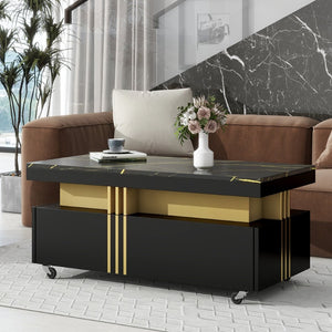 English Elm Faux Marble Rectangular Coffee Table with Gold Bars Drawers and Caster Wheels Black WF305961AAB