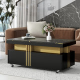 English Elm Contemporary Coffee Table With Faux Marble Top, Rectangle Cocktail Table With Caster Wheels, Moderate Luxury Center Table With Gold Metal Bars For Living Room, Black