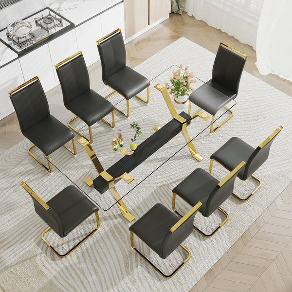 English Elm 1 Modern Rectangular Dining Table Set With 8 Black Pu Chairs & Gold-Plated Legs - Easy Assembly! W1151S00457