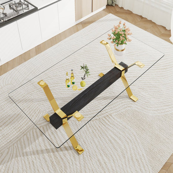 English Elm Dining Table - Stylish Tempered Glass Top With Gold-Plated Metal Legs For Modern Home & Office Use W1151S00260