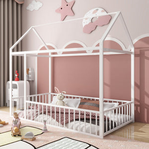 English Elm Twin Metal House Bed Frame with Roof & Fence — Playful Semi-Enclosed Kids Loft for Sleep & Play White MF304315AAK