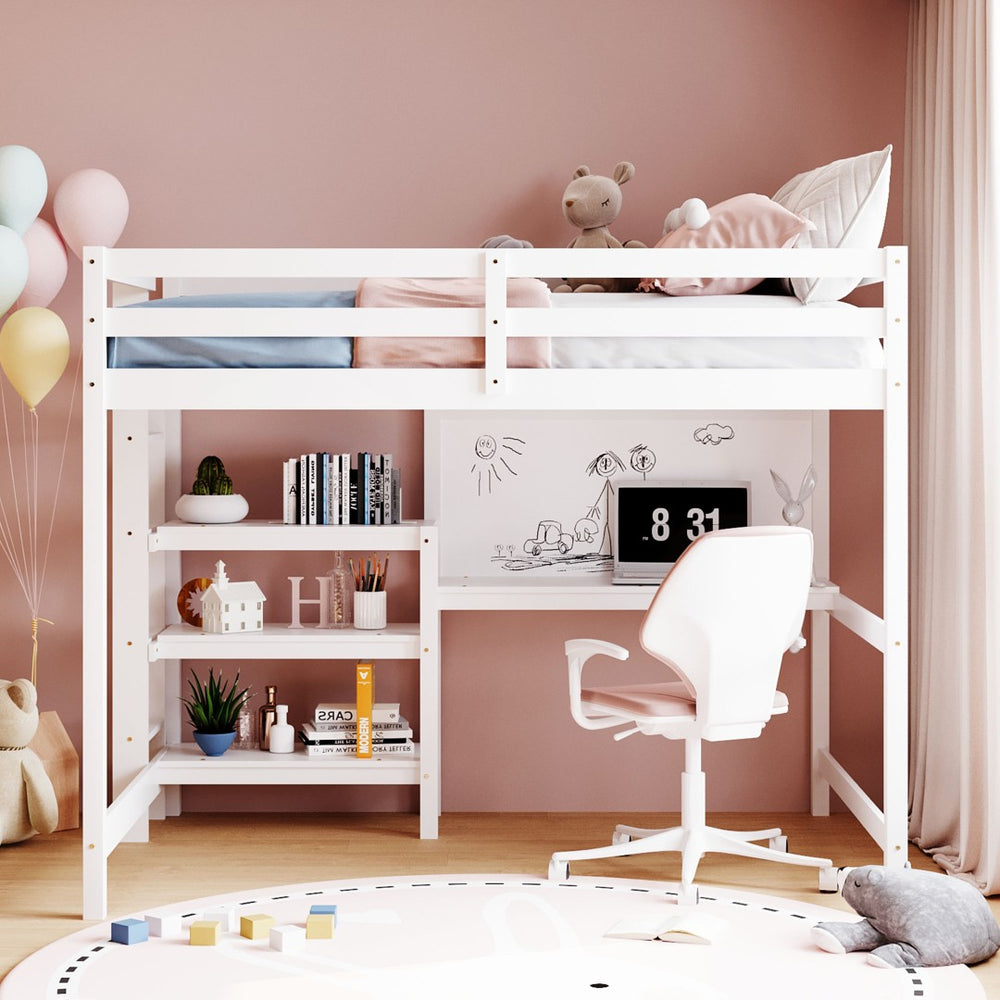 English Elm Full Size Pine Wood Loft Bed with Study Desk Shelving and Dry Erase Board LT000321AAK