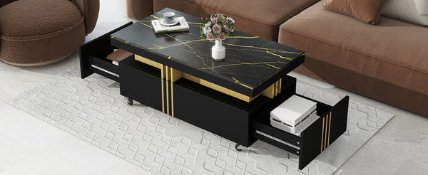 English Elm Faux Marble Rectangular Coffee Table with Gold Bars Drawers and Caster Wheels Black WF305961AAB
