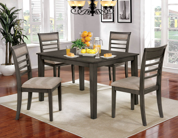 English Elm 5 Pc Weathered Gray Dining Set with Solid Wood Table & Beige Padded Slat Back Chairs, Rustic Chic Comfort B011115506