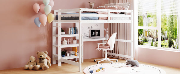 English Elm Full Size Pine Wood Loft Bed with Study Desk Shelving and Dry Erase Board LT000321AAK