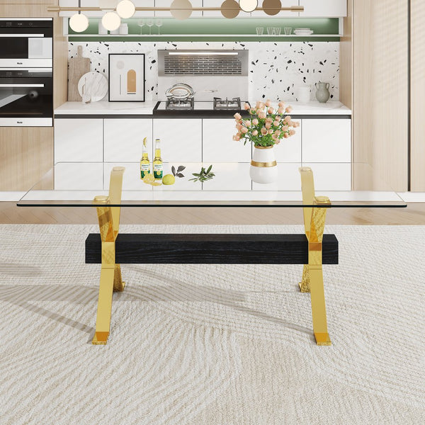 English Elm Dining Table - Stylish Tempered Glass Top With Gold-Plated Metal Legs For Modern Home & Office Use W1151S00260