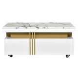 English Elm Contemporary Coffee Table With Faux Marble Top, Rectangle Cocktail Table With Caster Wheels, Moderate Luxury Center Table With Gold Metal Bars For Living Room, White