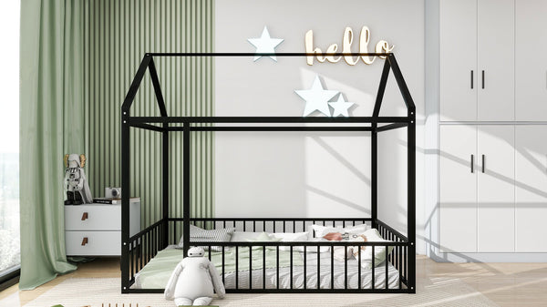English Elm Twin Metal House Bed Frame with Roof & Fence — Playful Semi-Enclosed Kids Loft for Sleep & Play Black MF304315AAB