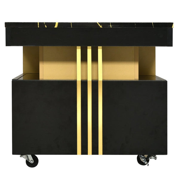 English Elm Faux Marble Rectangular Coffee Table with Gold Bars Drawers and Caster Wheels Black WF305961AAB