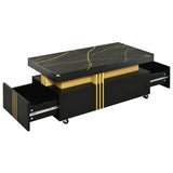 English Elm Contemporary Coffee Table With Faux Marble Top, Rectangle Cocktail Table With Caster Wheels, Moderate Luxury Center Table With Gold Metal Bars For Living Room, Black