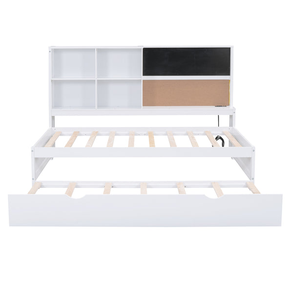 English Elm Twin Daybed with Trundle Shelves, Blackboard, Corkboard, USB Ports — Space-Saving White Pine Bedroom Hub GX000341AAK-1