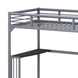 English Elm Twin Steel Loft Bed with Built-in Study Desk Ladder Guardrails Space-saving Silver Frame W1676105930