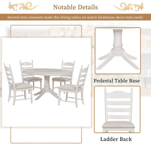 English Elm Trexm Rubberwood Round Extendable Pedestal Dining Set with Ladder Back Upholstered Chairs Antique White ST000091AAK