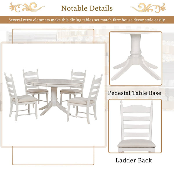 English Elm Trexm Rubberwood Round Extendable Pedestal Dining Set with Ladder Back Upholstered Chairs Antique White ST000091AAK