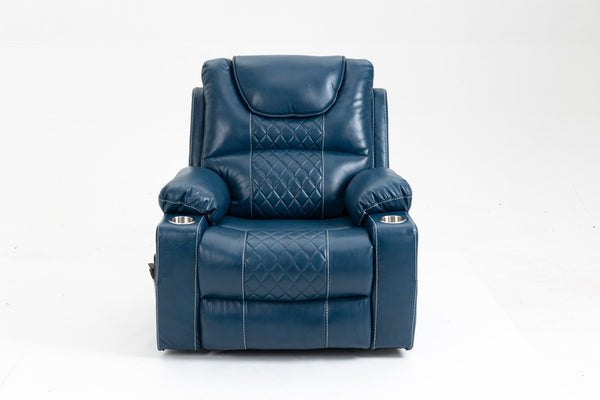 English Elm Lounge Power Lift Recliner Velvet Chair with Massage Heat and 180 Degree Flat Sleep Blue W547S00036