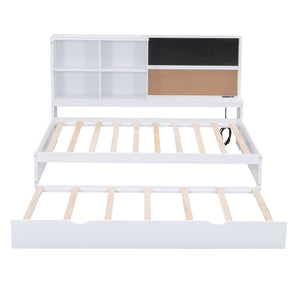 English Elm Twin Daybed with Trundle Shelves, Blackboard, Corkboard, USB Ports — Space-Saving White Pine Bedroom Hub GX000341AAK-1