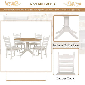 English Elm Trexm Rubberwood Round Extendable Pedestal Dining Set with Ladder Back Upholstered Chairs Off White ST000091AAD