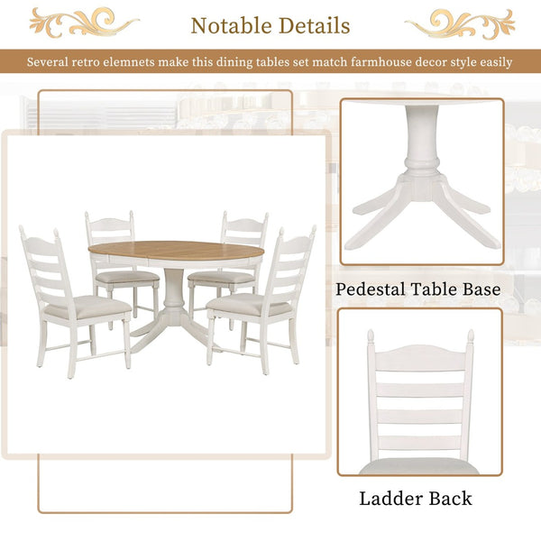 English Elm Trexm Rubberwood Round Extendable Pedestal Dining Set with Ladder Back Upholstered Chairs Off White ST000091AAD