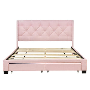 English Elm Queen Upholstered Platform Bed with Tufted Headboard, 2 Under-Bed Drawers, Sturdy Wood Frame, Pink WF303649AAH