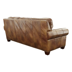 English Elm Steve Silver - Rustic Leather Sofa Tan — Top-Grain Upholstery, Eight-Way Hand-Tied Springs, Nailhead Trim, Cozy Pillows B081109574