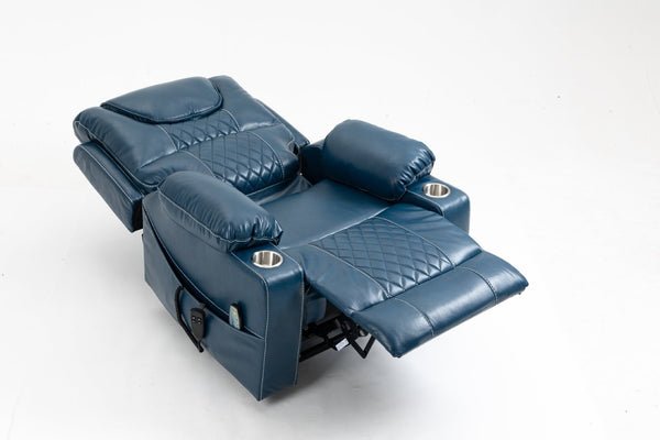 English Elm Lounge Power Lift Recliner Velvet Chair with Massage Heat and 180 Degree Flat Sleep Blue W547S00036