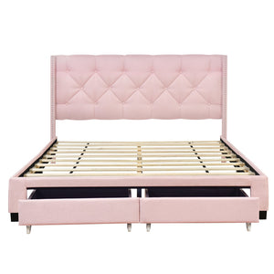 English Elm Queen Upholstered Platform Bed with Tufted Headboard, 2 Under-Bed Drawers, Sturdy Wood Frame, Pink WF303649AAH