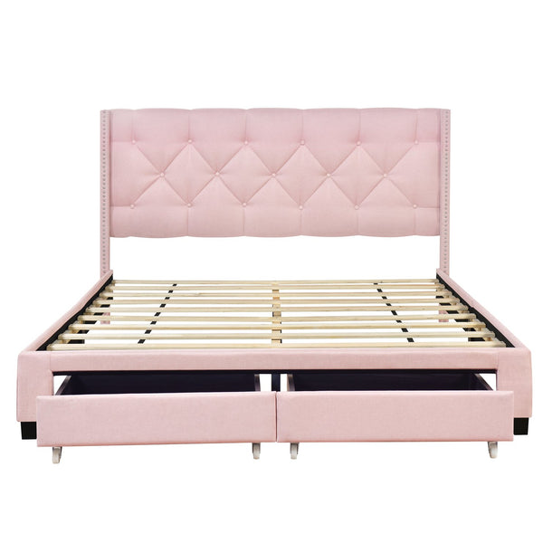 English Elm Queen Upholstered Platform Bed with Tufted Headboard, 2 Under-Bed Drawers, Sturdy Wood Frame, Pink WF303649AAH