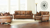 English Elm Steve Silver - Rustic Styled Leather Sofa - Premium Construction, Top-Grain Leather - Eight-Way Hand-Tied Springs, Nail-Head Trim, Contrasting Pillows