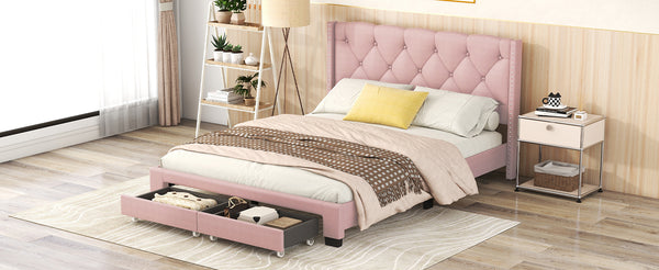 English Elm Queen Upholstered Platform Bed with Tufted Headboard, 2 Under-Bed Drawers, Sturdy Wood Frame, Pink WF303649AAH