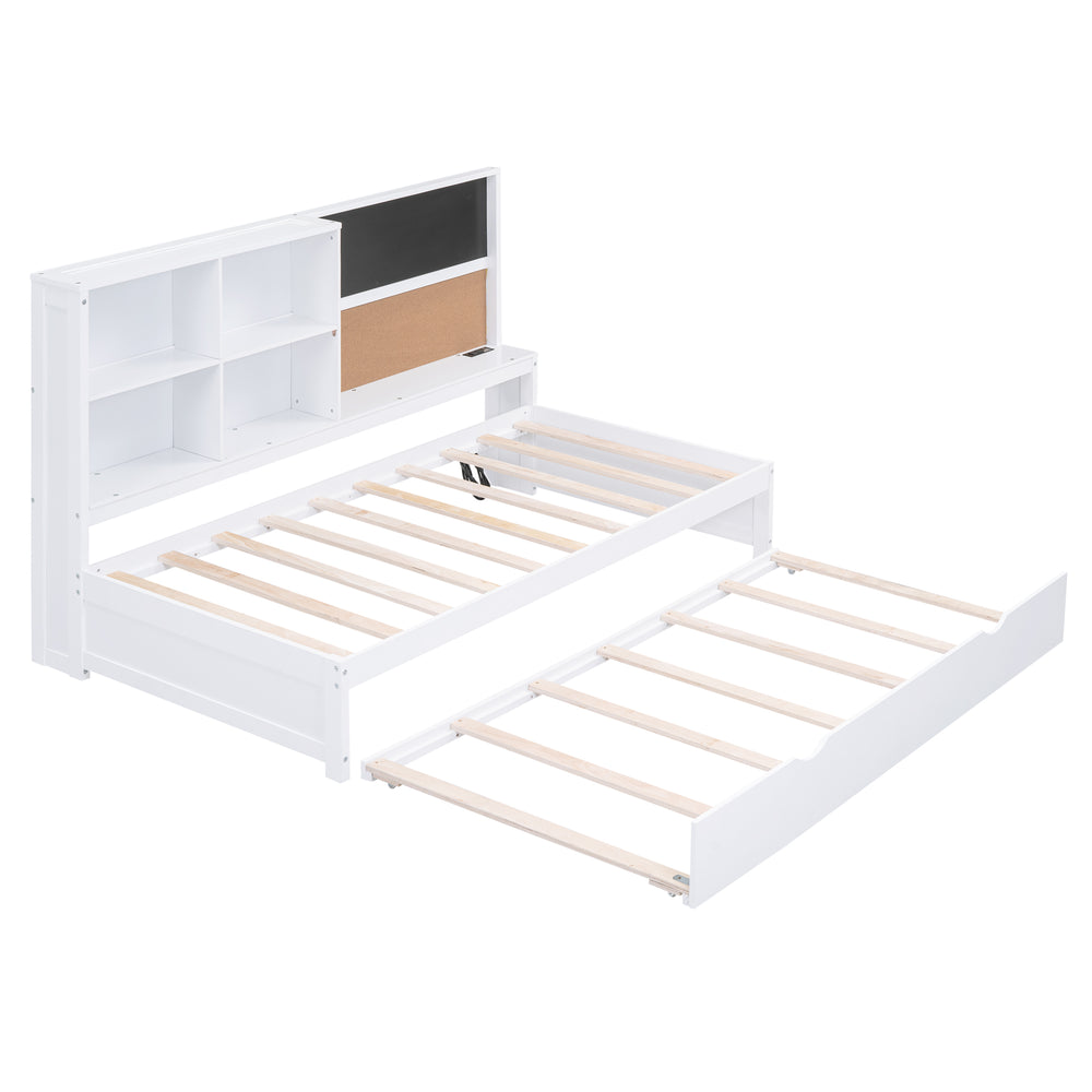 English Elm Twin Daybed with Trundle Shelves, Blackboard, Corkboard, USB Ports — Space-Saving White Pine Bedroom Hub GX000341AAK-1
