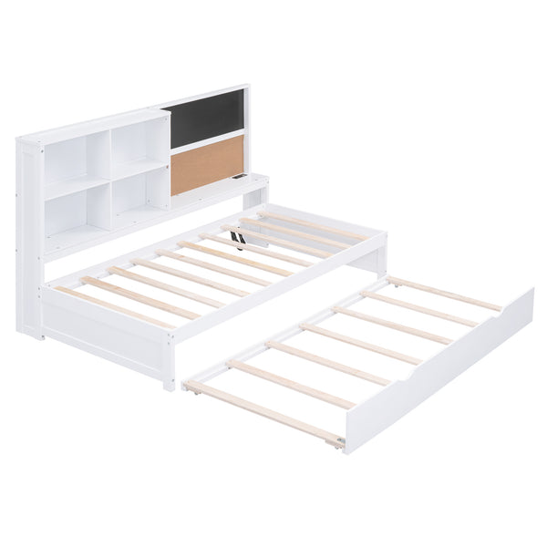 English Elm Twin Daybed with Trundle Shelves, Blackboard, Corkboard, USB Ports — Space-Saving White Pine Bedroom Hub GX000341AAK-1