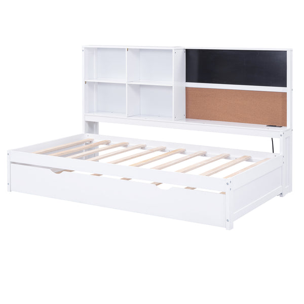 English Elm Twin Daybed with Trundle Shelves, Blackboard, Corkboard, USB Ports — Space-Saving White Pine Bedroom Hub GX000341AAK-1