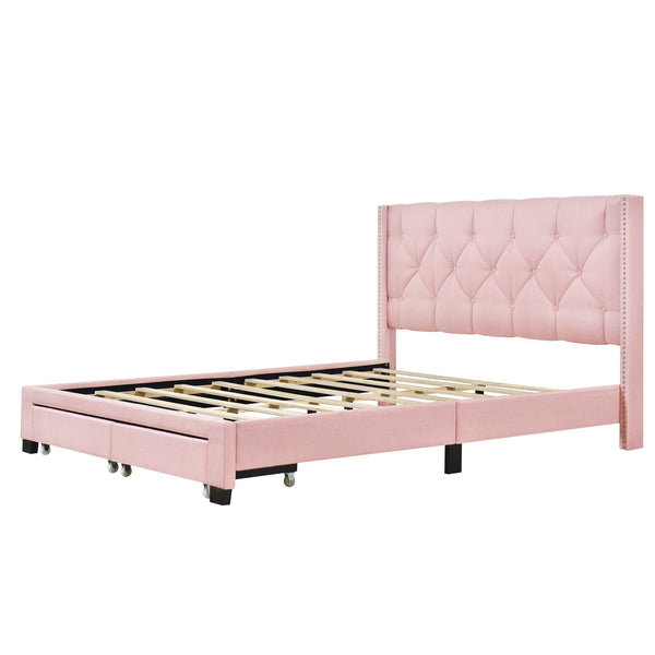 English Elm Queen Upholstered Platform Bed with Tufted Headboard, 2 Under-Bed Drawers, Sturdy Wood Frame, Pink WF303649AAH