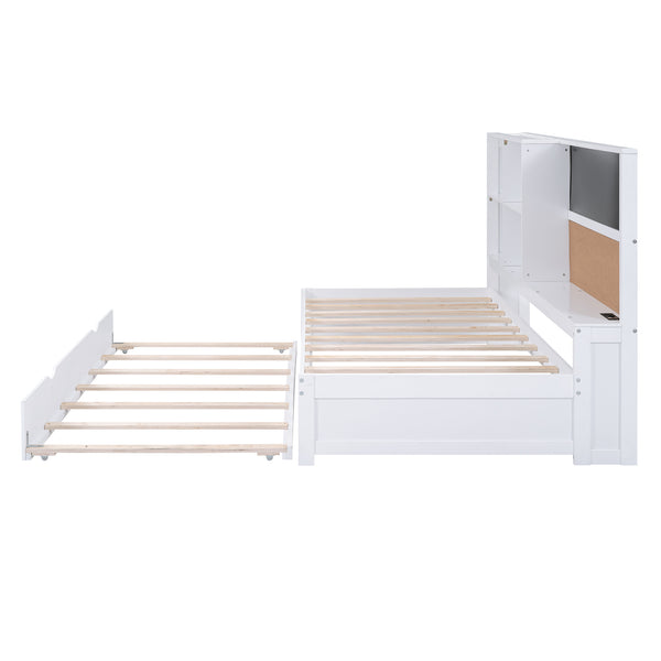 English Elm Twin Daybed with Trundle Shelves, Blackboard, Corkboard, USB Ports — Space-Saving White Pine Bedroom Hub GX000341AAK-1