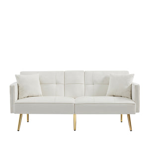 English Elm Cream Velvet Futon Sofa Bed with Gold Legs, Foldable Convertible Sleeper w/ Cup Holders & Pockets W58849088