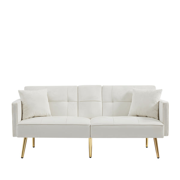 English Elm Cream Velvet Futon Sofa Bed with Gold Legs, Foldable Convertible Sleeper w/ Cup Holders & Pockets W58849088