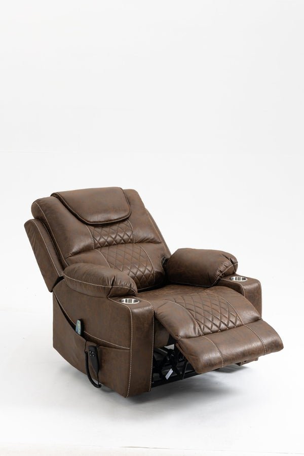 English Elm Lounge Power Lift Recliner Velvet Chair with Massage Heat and 180 Degree Flat Sleep Brown W547S00037