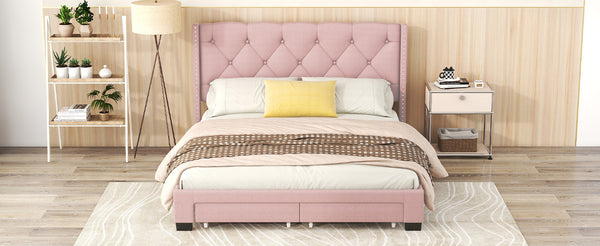 English Elm Queen Upholstered Platform Bed with Tufted Headboard, 2 Under-Bed Drawers, Sturdy Wood Frame, Pink WF303649AAH