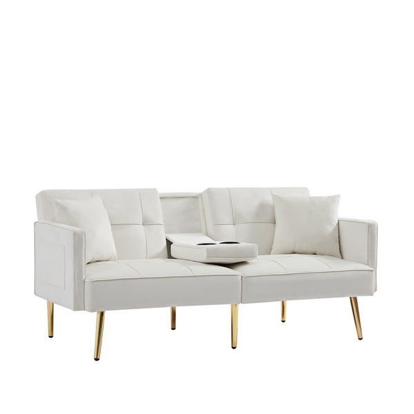English Elm Cream Velvet Futon Sofa Bed with Gold Legs, Foldable Convertible Sleeper w/ Cup Holders & Pockets W58849088