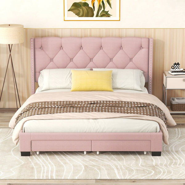 English Elm Queen Upholstered Platform Bed with Tufted Headboard, 2 Under-Bed Drawers, Sturdy Wood Frame, Pink WF303649AAH