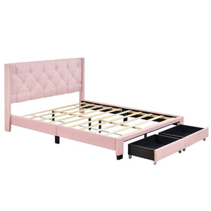 English Elm Queen Upholstered Platform Bed with Tufted Headboard, 2 Under-Bed Drawers, Sturdy Wood Frame, Pink WF303649AAH