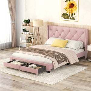 English Elm Queen Upholstered Platform Bed with Tufted Headboard, 2 Under-Bed Drawers, Sturdy Wood Frame, Pink WF303649AAH