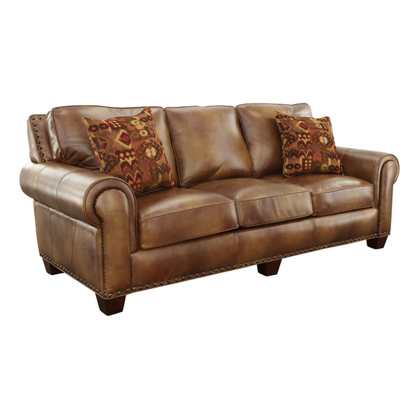 English Elm Steve Silver - Rustic Leather Sofa Tan — Top-Grain Upholstery, Eight-Way Hand-Tied Springs, Nailhead Trim, Cozy Pillows B081109574