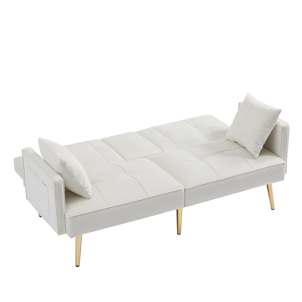 English Elm Cream Velvet Futon Sofa Bed with Gold Legs, Foldable Convertible Sleeper w/ Cup Holders & Pockets W58849088