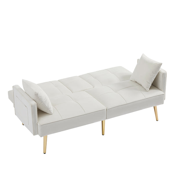English Elm Cream Velvet Futon Sofa Bed with Gold Legs, Foldable Convertible Sleeper w/ Cup Holders & Pockets W58849088